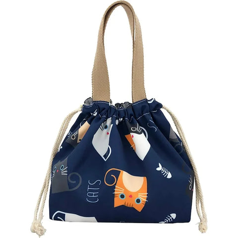 Mini Lunch Tote Pouch Reusable Small Cute Lunch Bag with Drawstring Suitable for Girls Women Cat Blue
