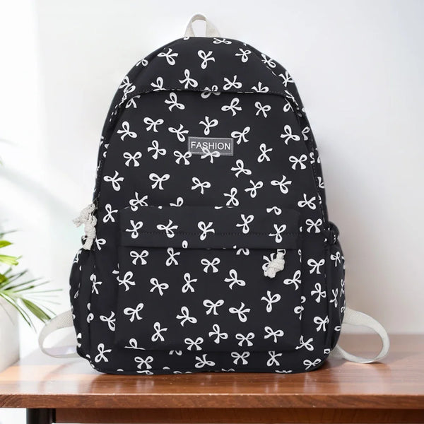 Nylon Student Backpack Bow Printed for Girls Women Schoolbag Adjustable Strap Travel Bag Cute Knapsack Rucksack