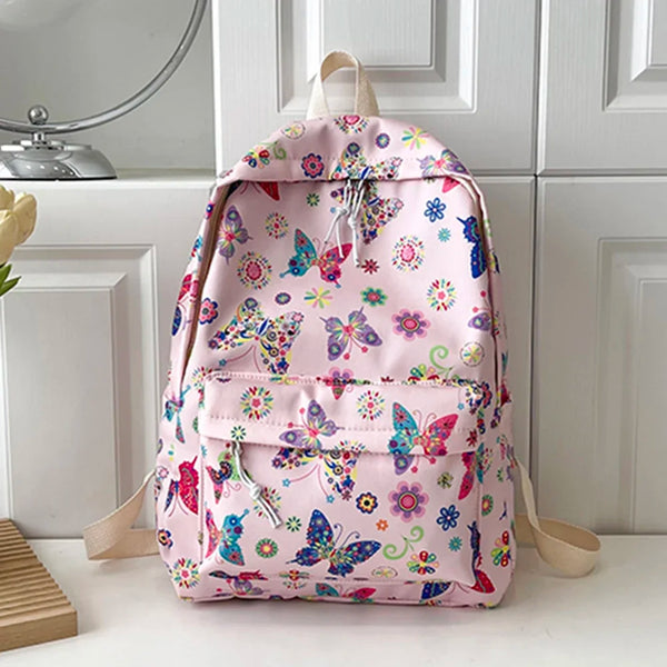 Student Schoolbag Butterflies Print Casual Book Bags Nylon Large Capacity Cute Fashion Simple Floral for Outdoor Camping
