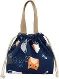 Mini Lunch Tote Pouch Reusable Small Cute Lunch Bag with Drawstring Suitable for Girls Women Cat Blue