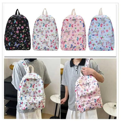 Student Schoolbag Butterflies Print Casual Book Bags Nylon Large Capacity Cute Fashion Simple Floral for Outdoor Camping