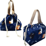 Mini Lunch Tote Pouch Reusable Small Cute Lunch Bag with Drawstring Suitable for Girls Women Cat Blue
